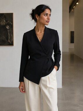 THE FOLD Belleville Wrap Top US L Womens Virgin Wool Wrap New NWoT Black